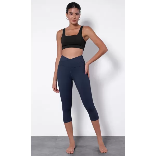 imageODODOS Womens Cross Waist Yoga Capris with Inner Pocket 19quot Inseam Gathered Crossover Workout Cropped Yoga PantsNavy