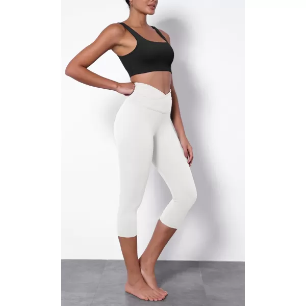 imageODODOS Womens Cross Waist Yoga Capris with Inner Pocket 19quot Inseam Gathered Crossover Workout Cropped Yoga PantsWhite