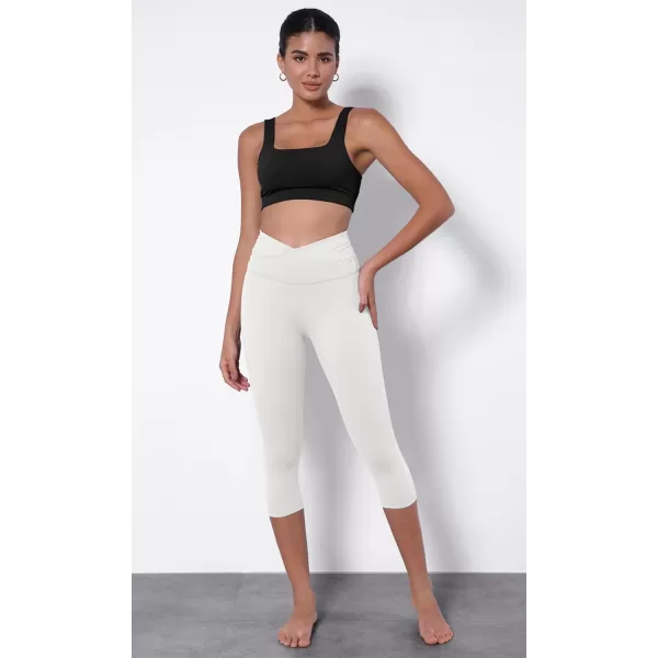 imageODODOS Womens Cross Waist Yoga Capris with Inner Pocket 19quot Inseam Gathered Crossover Workout Cropped Yoga PantsWhite
