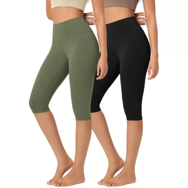 imageODODOS ODLEX 2Pack High Waist Knee Length Workout Capris for Women 14quot19quot Tummy Control Athletic Running Capri LeggingsBlackdark Olive