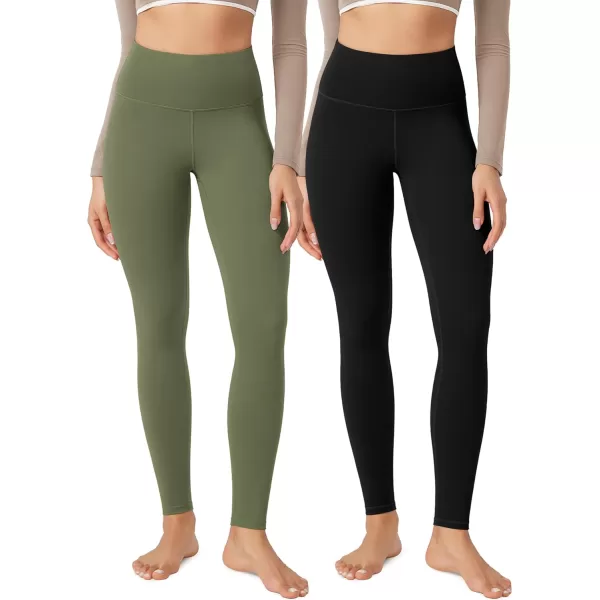 imageODODOS ODLEX 2Pack High Waist 78 Length Workout Leggings for Women 25quot  28quot Tummy Control Atheltic Yoga PantsBlackdark Olive