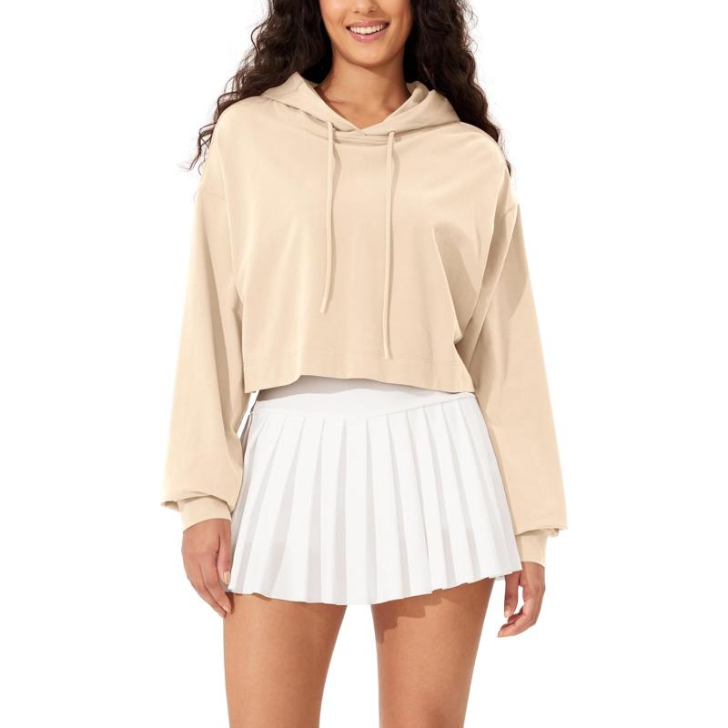 imageODODOS Womens Cropped Hoodies Cotton Soft Long Sleeve Pullover Crop Hooded SweatshirtsBeige