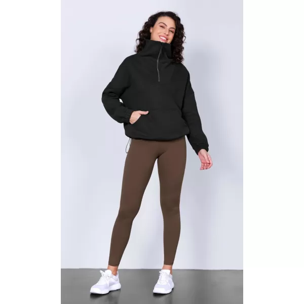 imageODODOS Cinchable Sweatshirts for Women Funnel Neck Half Zipper Hoodies Fleece Lined Oversized PulloverBlack