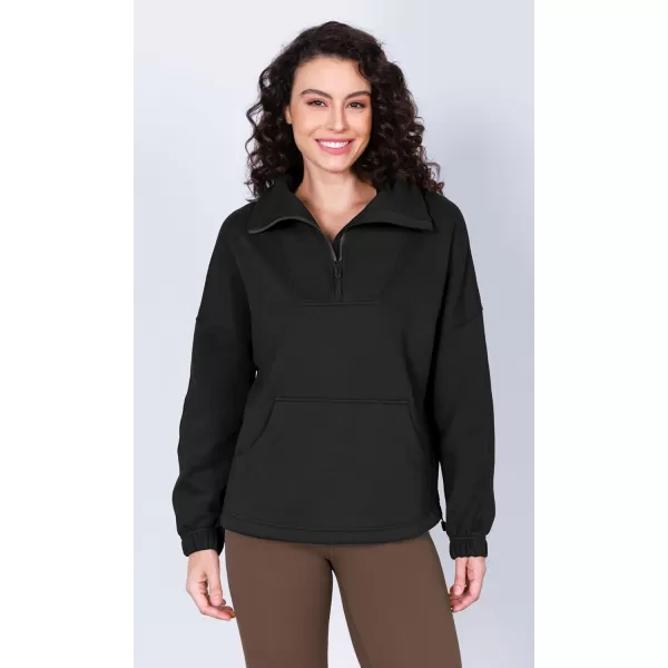 imageODODOS Cinchable Sweatshirts for Women Funnel Neck Half Zipper Hoodies Fleece Lined Oversized PulloverBlack