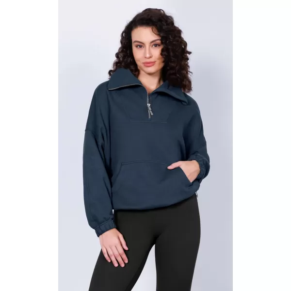 imageODODOS Cinchable Sweatshirts for Women Funnel Neck Half Zipper Hoodies Fleece Lined Oversized PulloverDeep Navy