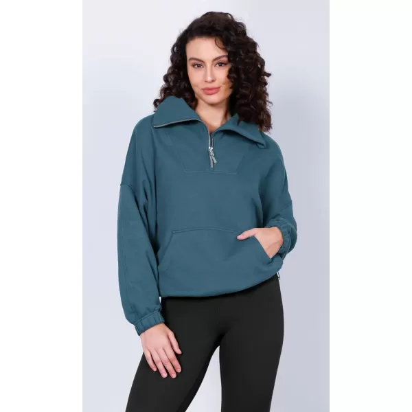 imageODODOS Cinchable Sweatshirts for Women Funnel Neck Half Zipper Hoodies Fleece Lined Oversized PulloverInk Blue