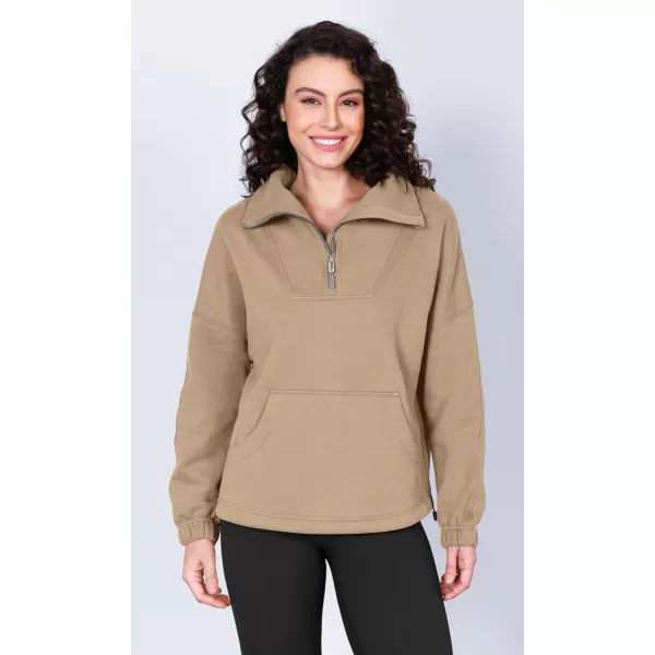 imageODODOS Cinchable Sweatshirts for Women Funnel Neck Half Zipper Hoodies Fleece Lined Oversized PulloverKhaki