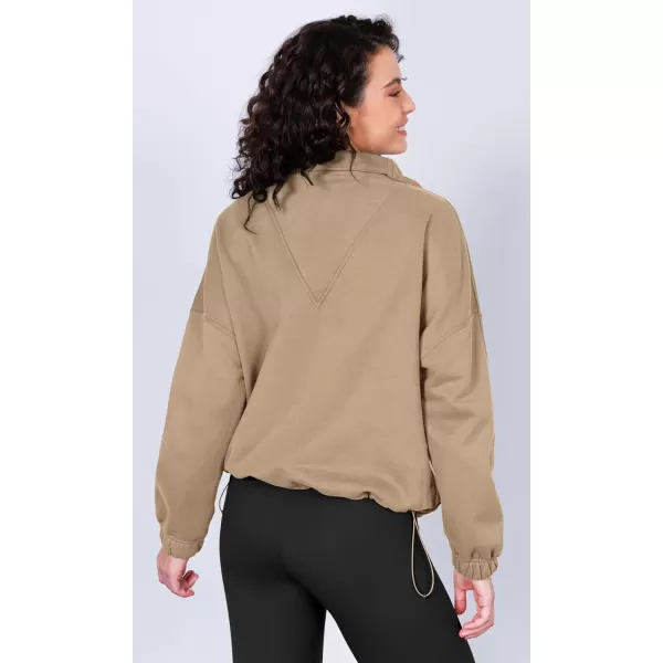 imageODODOS Cinchable Sweatshirts for Women Funnel Neck Half Zipper Hoodies Fleece Lined Oversized PulloverKhaki