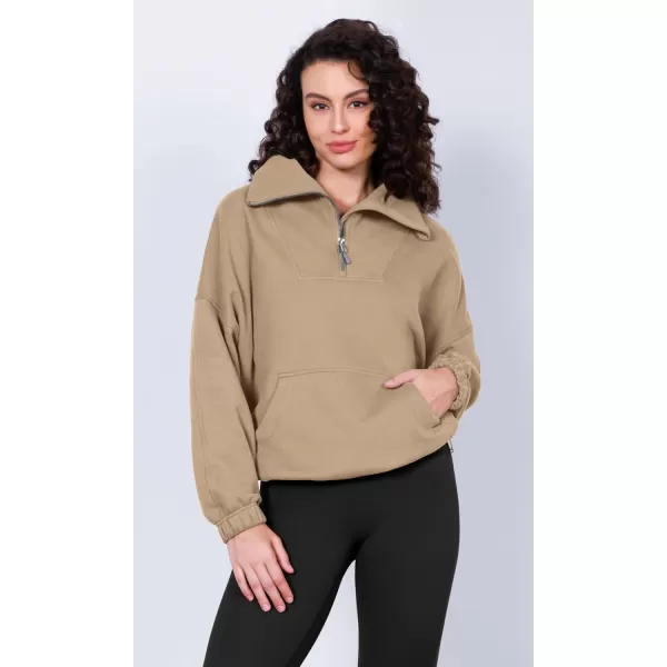 imageODODOS Cinchable Sweatshirts for Women Funnel Neck Half Zipper Hoodies Fleece Lined Oversized PulloverKhaki