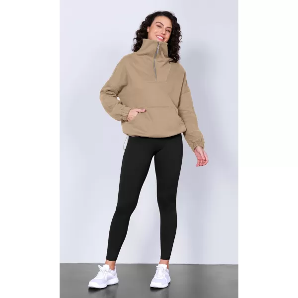 imageODODOS Cinchable Sweatshirts for Women Funnel Neck Half Zipper Hoodies Fleece Lined Oversized PulloverKhaki