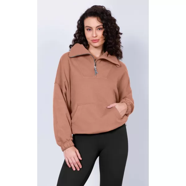 imageODODOS Cinchable Sweatshirts for Women Funnel Neck Half Zipper Hoodies Fleece Lined Oversized PulloverMuted Clay