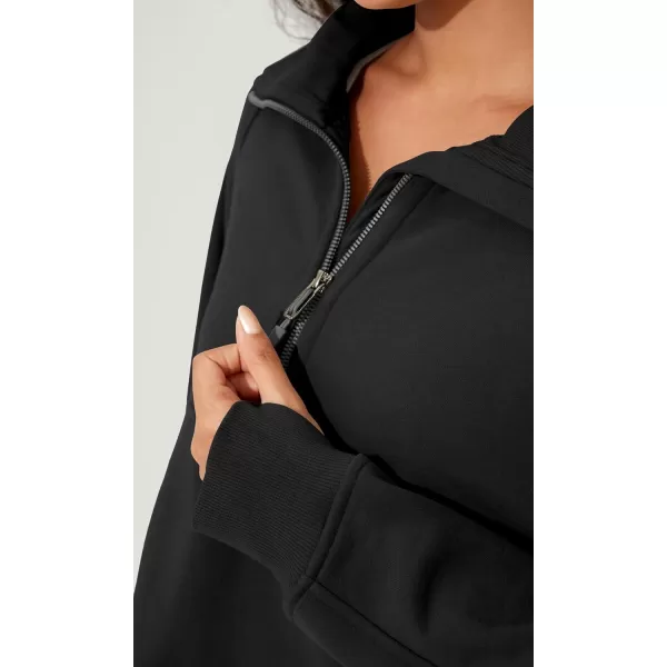 imageODODOS Half Zipper Sweatshirts for Women Funnel Neck Fleece Lined Oversize Hoodies Cropped Pullover with Thumb HoleBlack