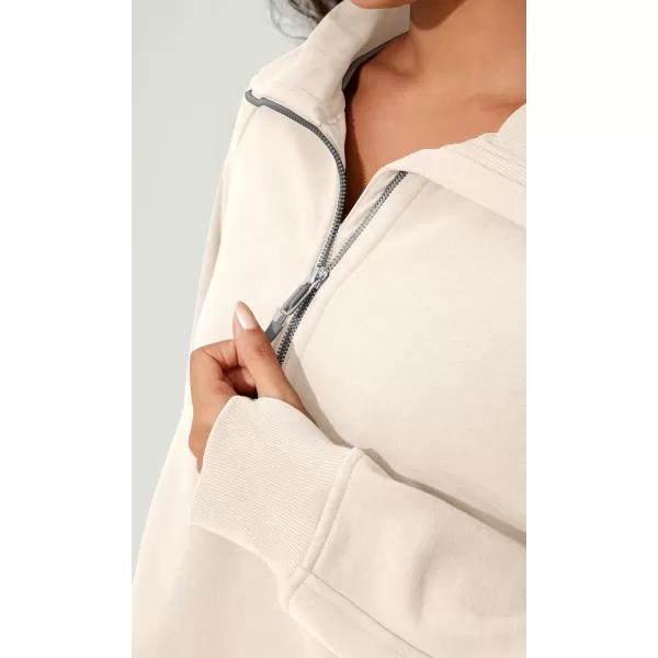 imageODODOS Half Zipper Sweatshirts for Women Funnel Neck Fleece Lined Oversize Hoodies Cropped Pullover with Thumb HoleCream