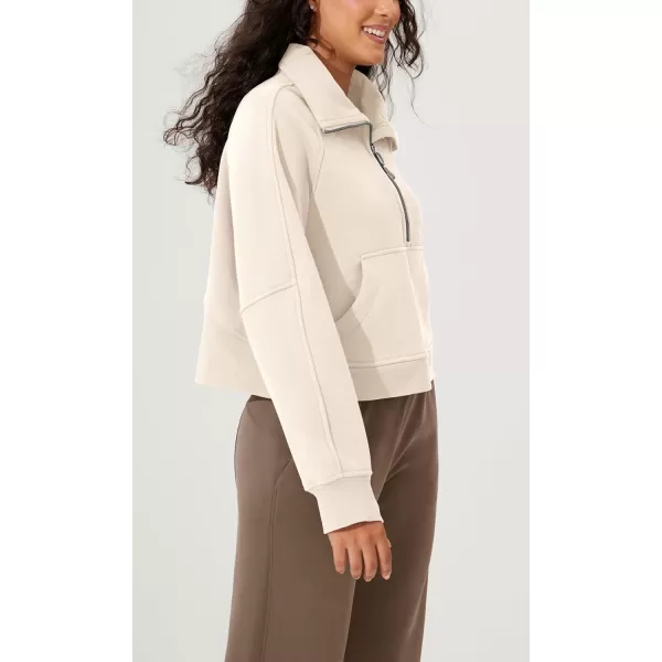 imageODODOS Half Zipper Sweatshirts for Women Funnel Neck Fleece Lined Oversize Hoodies Cropped Pullover with Thumb HoleCream