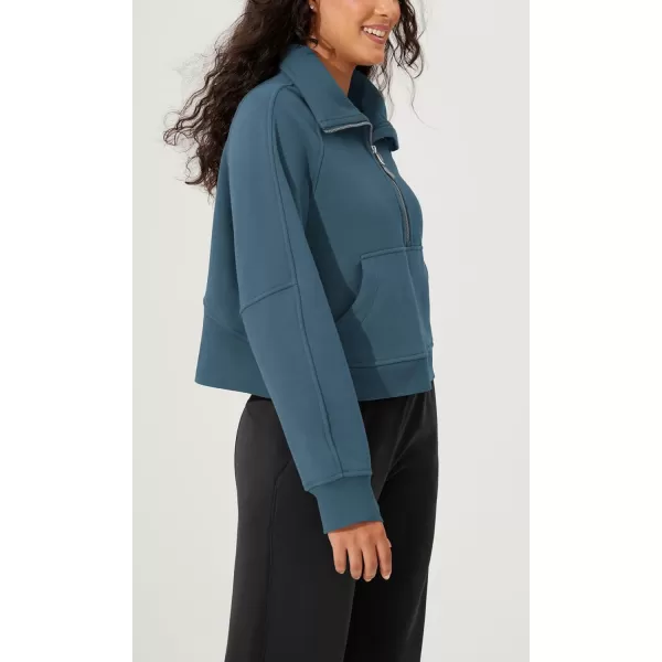 imageODODOS Half Zipper Sweatshirts for Women Funnel Neck Fleece Lined Oversize Hoodies Cropped Pullover with Thumb HoleInk Blue
