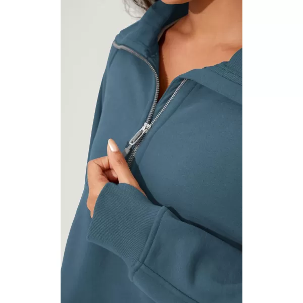 imageODODOS Half Zipper Sweatshirts for Women Funnel Neck Fleece Lined Oversize Hoodies Cropped Pullover with Thumb HoleInk Blue