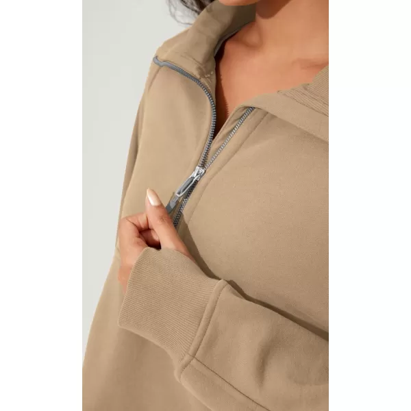 imageODODOS Half Zipper Sweatshirts for Women Funnel Neck Fleece Lined Oversize Hoodies Cropped Pullover with Thumb HoleKhaki