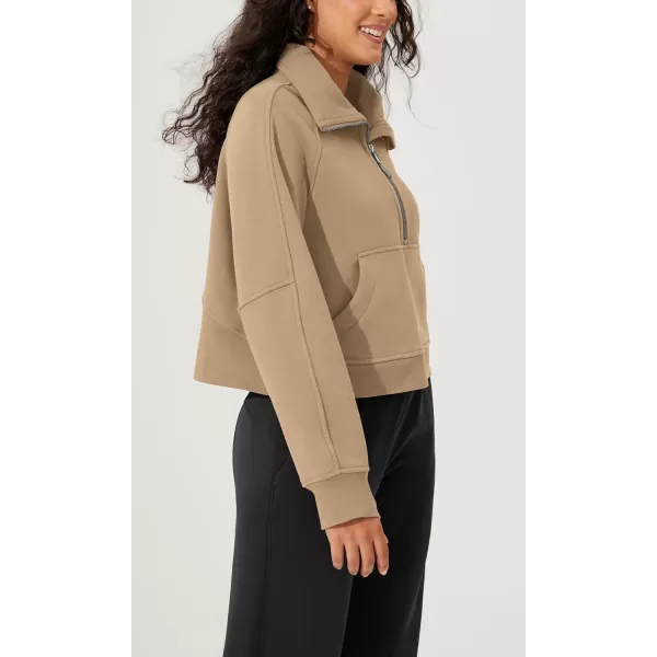 imageODODOS Half Zipper Sweatshirts for Women Funnel Neck Fleece Lined Oversize Hoodies Cropped Pullover with Thumb HoleKhaki