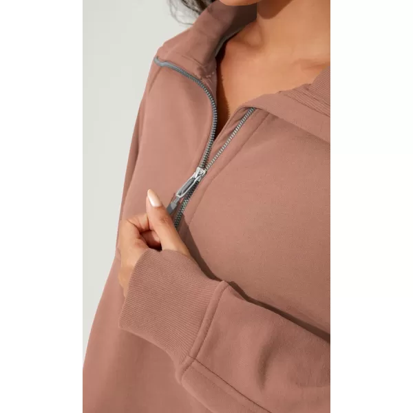 imageODODOS Half Zipper Sweatshirts for Women Funnel Neck Fleece Lined Oversize Hoodies Cropped Pullover with Thumb HoleMuted Clay