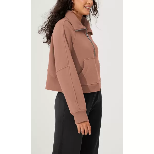 imageODODOS Half Zipper Sweatshirts for Women Funnel Neck Fleece Lined Oversize Hoodies Cropped Pullover with Thumb HoleMuted Clay