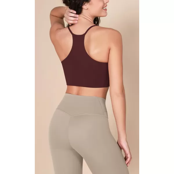 imageODODOS Halter Sports Bra for Women Non Padded Strappy Cropped Tops Workout Yoga CropBurgundy