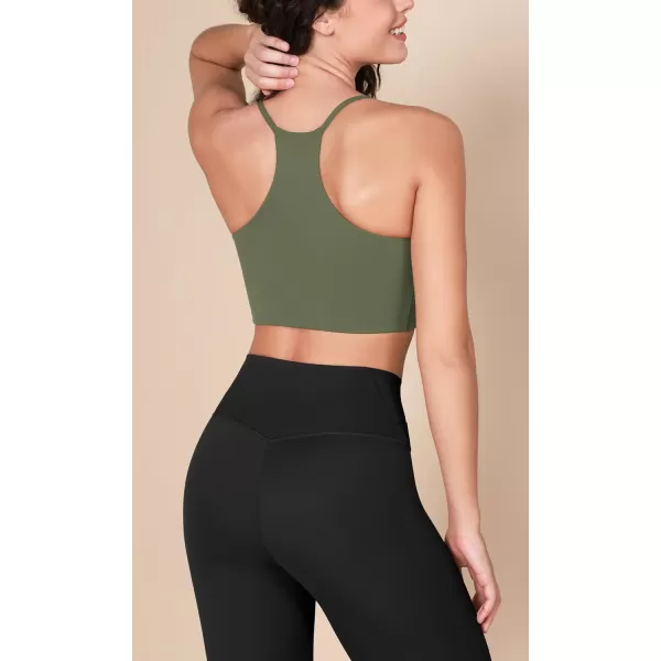 imageODODOS Halter Sports Bra for Women Non Padded Strappy Cropped Tops Workout Yoga CropDark Olive