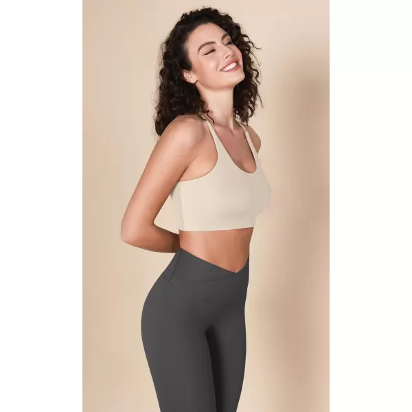 imageODODOS Halter Sports Bra for Women Non Padded Strappy Cropped Tops Workout Yoga CropOat Milk