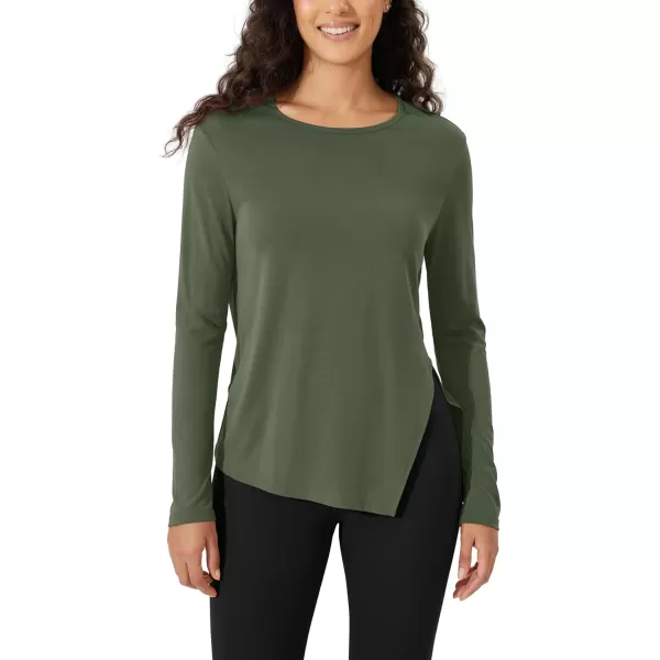 imageODODOS Split Hem Long Sleeve Tee for Women Modal Soft Crew Neck Athletic Gym Workout Tops Yoga ShirtsArmy Green