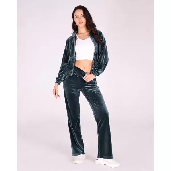 imageODODOS Womens 2 Piece Outfits Velour Tracksuit Long Sleeve Zip Up Hoodies ampamp High Waist Track Pants Lounge SetsSteel Blue