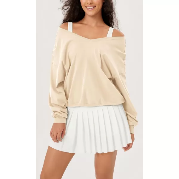 imageODODOS Womens Cotton Soft Double V Sweatshirts Long Sleeve Fall Outfits Oversized Pullover TopsBeige