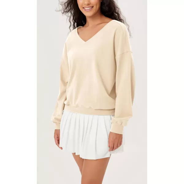 imageODODOS Womens Cotton Soft Double V Sweatshirts Long Sleeve Fall Outfits Oversized Pullover TopsBeige