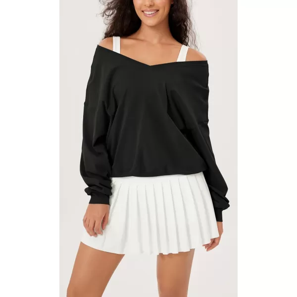 imageODODOS Womens Cotton Soft Double V Sweatshirts Long Sleeve Fall Outfits Oversized Pullover TopsBlack