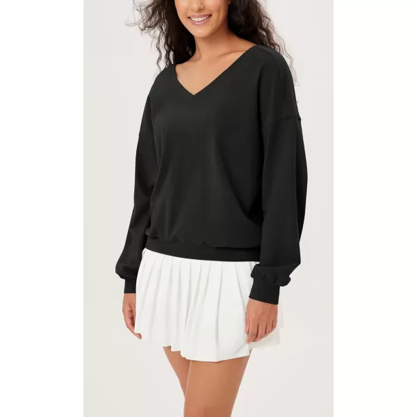 imageODODOS Womens Cotton Soft Double V Sweatshirts Long Sleeve Fall Outfits Oversized Pullover TopsBlack
