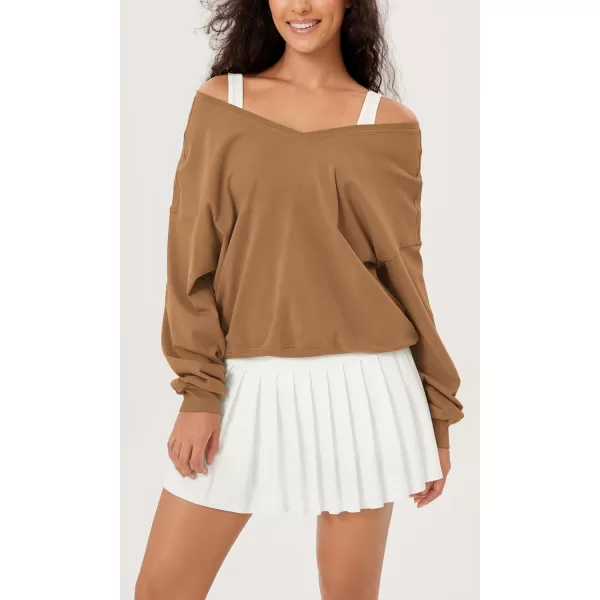 imageODODOS Womens Cotton Soft Double V Sweatshirts Long Sleeve Fall Outfits Oversized Pullover TopsBrown