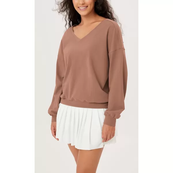 imageODODOS Womens Cotton Soft Double V Sweatshirts Long Sleeve Fall Outfits Oversized Pullover TopsLight Brown