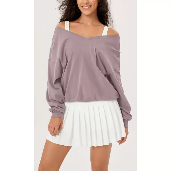 imageODODOS Womens Cotton Soft Double V Sweatshirts Long Sleeve Fall Outfits Oversized Pullover TopsPurple Taupe