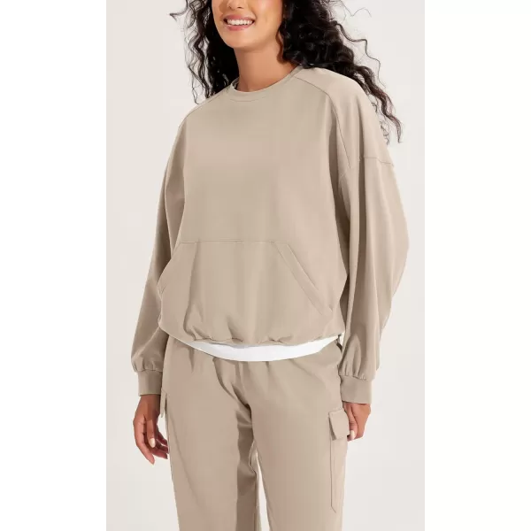 imageODODOS Womens Cotton Soft Oversized Sweatshirts Crew Neck Long Sleeve Pullover Tops with Kangaroo PocketPlaza Taupe