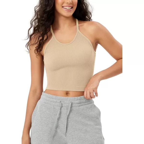 imageODODOS Womens Crop Seamless RibKnit Camisole Strappy Racerback Cropped Tank TopsBeige