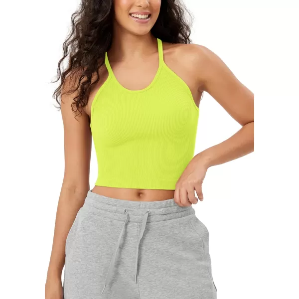 imageODODOS Womens Crop Seamless RibKnit Camisole Strappy Racerback Cropped Tank TopsNeon Green