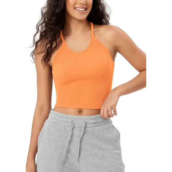 imageODODOS Womens Crop Seamless RibKnit Camisole Strappy Racerback Cropped Tank TopsNeon Orange