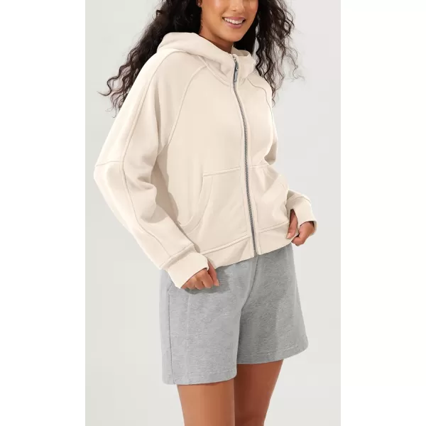 imageODODOS Womens Full Zipper Hoodies Fleece Lined Cropped Sweatshirts Pullover Long Sleeve Sweater Thumb HoleCream