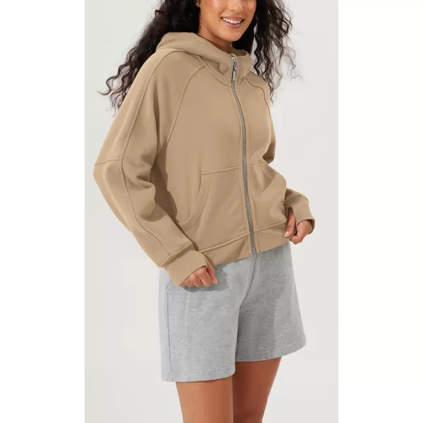 imageODODOS Womens Full Zipper Hoodies Fleece Lined Cropped Sweatshirts Pullover Long Sleeve Sweater Thumb HoleKhaki