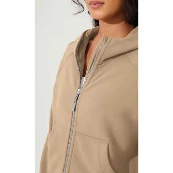 imageODODOS Womens Full Zipper Hoodies Fleece Lined Cropped Sweatshirts Pullover Long Sleeve Sweater Thumb HoleKhaki