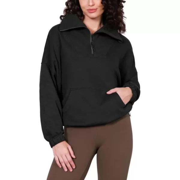 imageODODOS Cinchable Sweatshirts for Women Funnel Neck Half Zipper Hoodies Fleece Lined Oversized PulloverBlack