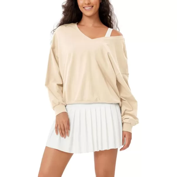 imageODODOS Womens Cotton Soft Double V Sweatshirts Long Sleeve Fall Outfits Oversized Pullover TopsBeige