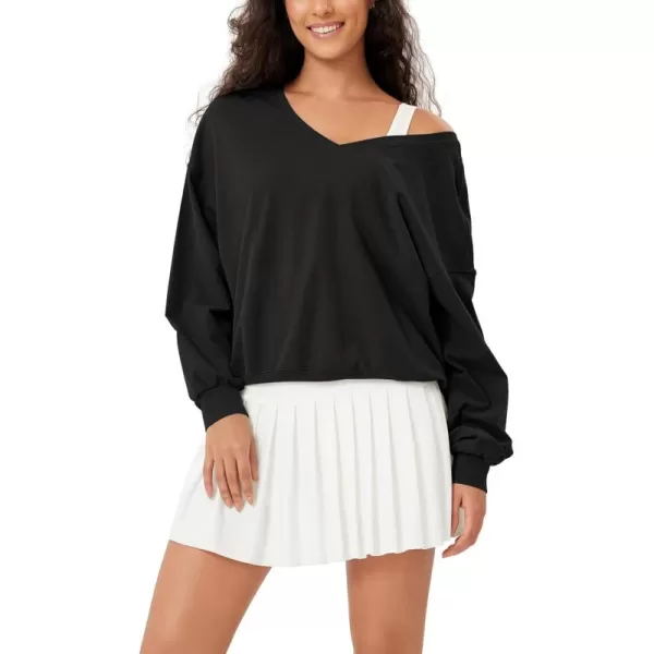imageODODOS Womens Cotton Soft Double V Sweatshirts Long Sleeve Fall Outfits Oversized Pullover TopsBlack