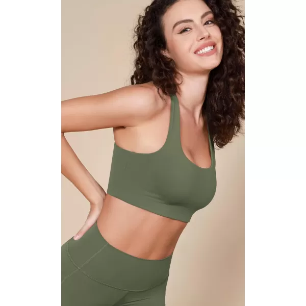 imageODODOS Racerback Sports Bra for Women Non Padded Double Layer Yoga Tank Workout Crop TopsDark Olive