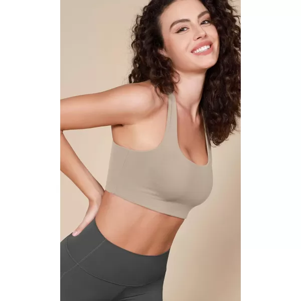 imageODODOS Racerback Sports Bra for Women Non Padded Double Layer Yoga Tank Workout Crop TopsTaupe