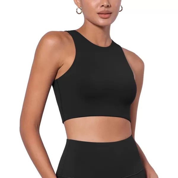 imageODODOS Racerback Tank Bra for Women High Neck Non Padded Medium Support Sports Bra Workout Yoga Crop TopsBrunette
