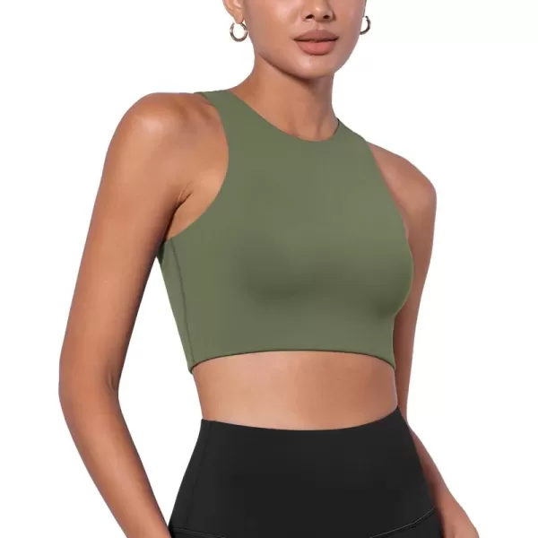 imageODODOS Racerback Tank Bra for Women High Neck Non Padded Medium Support Sports Bra Workout Yoga Crop TopsDark Olive